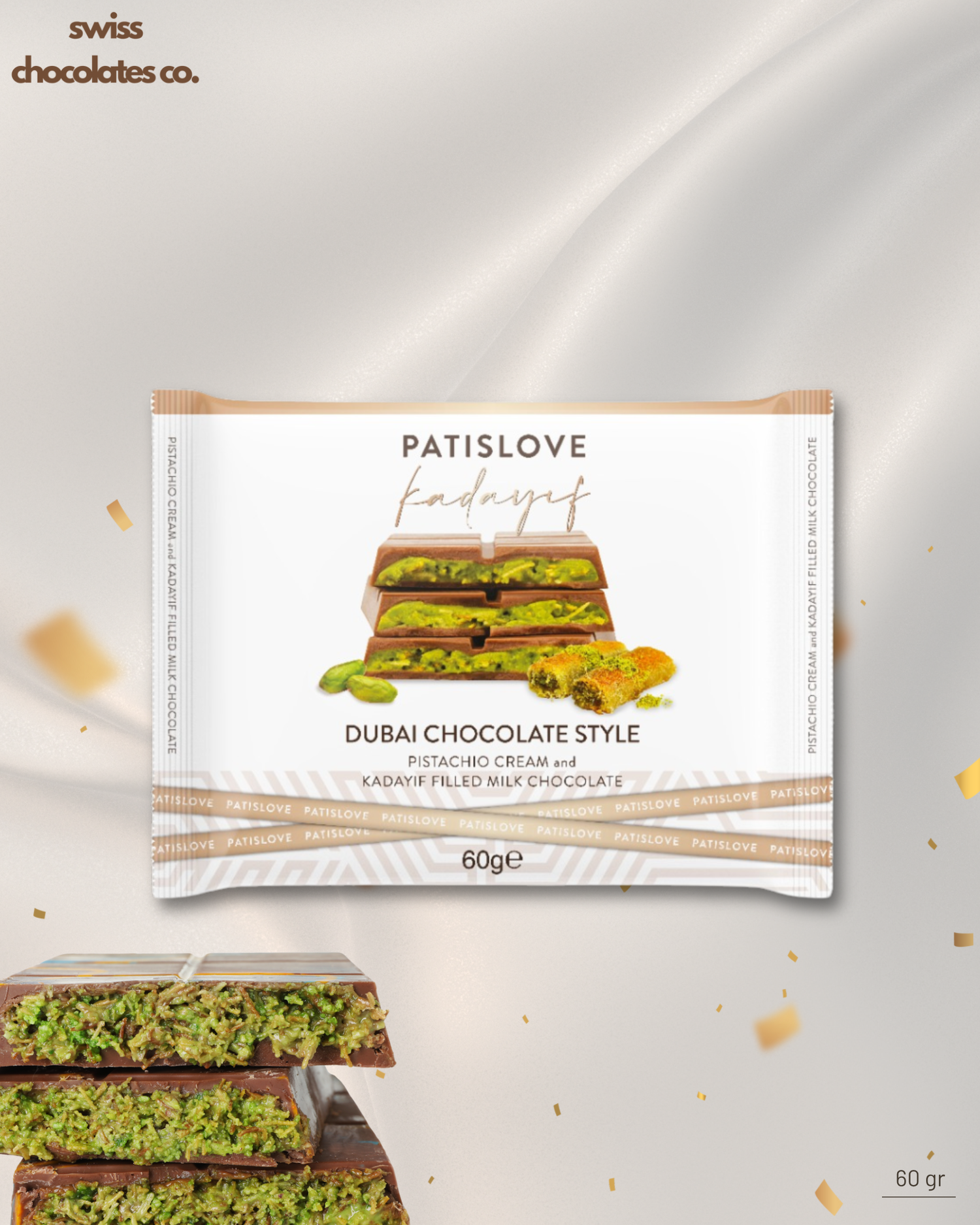 Patis Love Dubai-Style Chocolate – 60g | Pistachio & Knafeh Filled Gourmet Treat